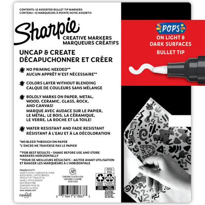 Sharpie Creative Markers - 12 (twelve) Bullet Tip paint pens, assorted colours including black, white, grey, pink, purple, blue, teal, light blue, green, yellow, orange, red (one of each colour). Waterbased creative acrylic paint markers which do not need priming and work on all surfaces, drying to a permanent, water resistant, fade resistant finish. Does not bleed through paper and works on both light and dark surfaces. Line width is approx 1.5mm to 2.5mm wide, depending on pressure applied.