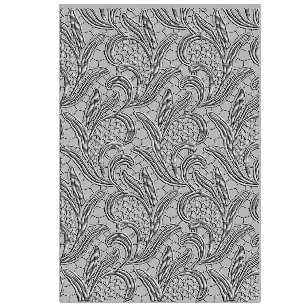 Lacy Leaves - Large, A5 (6in x 8.5in) ... 3D Textured Impressions Embossing Folder ... by Eileen Hull and Sizzix (no.666977). Create dimensional embossed texture for cards, journal pages, bookmaking, book covers, papercrafts and visual creative arts. This A5 (6" x 8 1/2", 15cm x 21.5cm) large embossing folder has a gorgeous background pattern which looks like a realistic lacework panel of petals, foliage and lines. Image of the pattern.