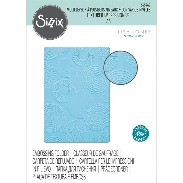 Abstract Rounds - Multi-Level Textured Impressions Embossing Folder ... by Lisa Jones and Sizzix (no.665969).   Add this amazing background with circles of different textures overlapping each other to your next project. Perfect for greeting cards, journal pockets, layers in journal pages and scrapbooking, lining Vignette trays and boxes, adding textured interest to the front of handmade books, and more.   An Embossing Folder is a tool used in papercraft and mixed media for adding dimension to art.