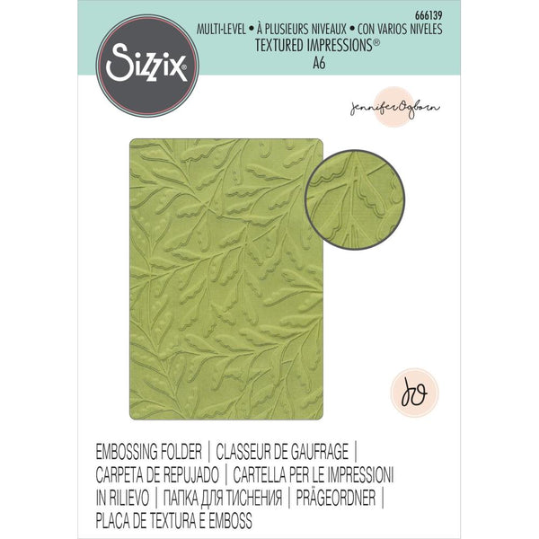 Delicate Leaves - Multi-Level Textured Impressions Embossing Folder ... by Jennifer Ogborn and Sizzix (no.666139).   Add this wonderfully detailed pattern of overlapping delicate sprigs of leaves to your next project. Perfect for greeting cards, journal pockets, layers in journal pages and scrapbooking, lining Vignette trays and boxes, adding textured interest to the front of handmade books, and more.   An Embossing Folder is a tool used in papercraft and mixed media for adding dimension to art.