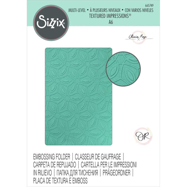 Ornamental Pattern - Multi-Level Textured Impressions Embossing Folder ... by Olivia Rose and Sizzix (no.665749).   Add this wonderfully detailed pattern of intricate geometric intertwined leaves to your next project. Perfect for greeting cards, journal pockets, layers in journal pages and scrapbooking, lining Vignette trays and boxes, adding textured interest to the front of handmade books, and more.   An Embossing Folder is a tool used in papercraft and mixed media for adding dimension to art.