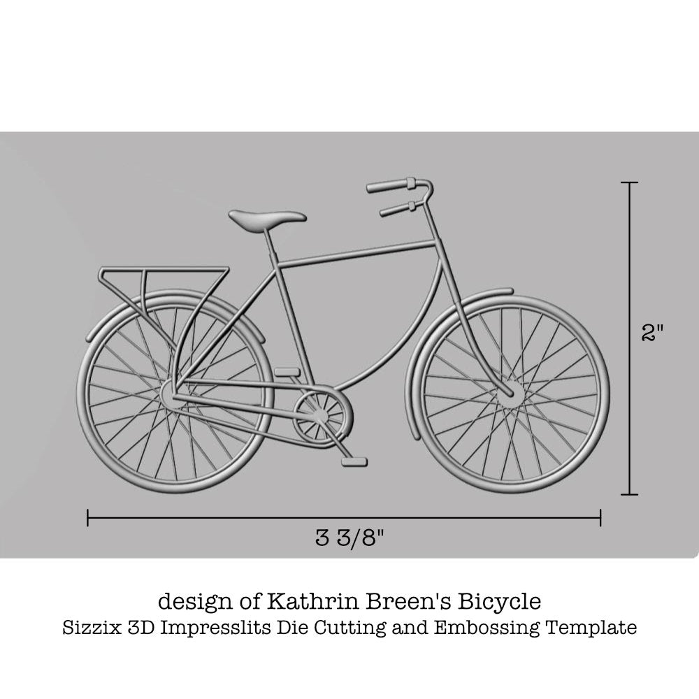 Bicycle - Impresslits 3D Embossing and Die Cutting Folder ... by Kathrin Breen and Sizzix (product no. 666215).   Cut out and emboss features at the same time using this amazingly detailed bike complete with frame, carrier frame, handlebars, seat, pedals and spokes. All it needs is a basket with flowers! Perfect as a topper for greeting cards for birthdays, special occasions, travels, cycling holidays, Tour de France memories and journaling. Sizes of the pattern.