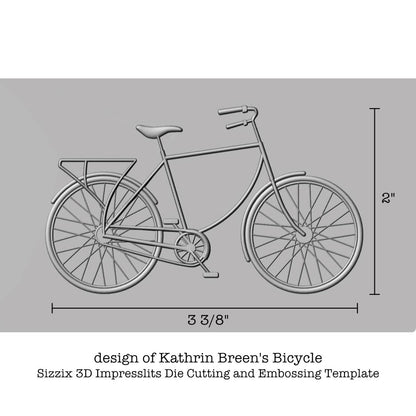 Bicycle - Impresslits 3D Embossing and Die Cutting Folder ... by Kathrin Breen and Sizzix (product no. 666215).   Cut out and emboss features at the same time using this amazingly detailed bike complete with frame, carrier frame, handlebars, seat, pedals and spokes. All it needs is a basket with flowers! Perfect as a topper for greeting cards for birthdays, special occasions, travels, cycling holidays, Tour de France memories and journaling. Sizes of the pattern.