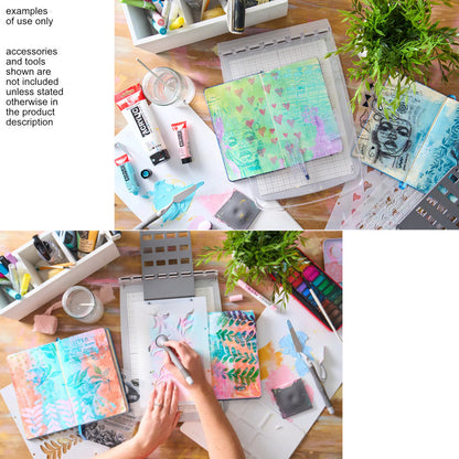 Stencil and Stamp Tool (Registration Press Tool) ... Sizzix Studio Mixed Media. For precision alignment and repetitive layering of art stencils and stamps to use in mixed media, papercrafts, art journaling, visual arts of all kinds. Perfectly align stencils and stamps to create a boxful of greeting cards, stamp words and phrases inside books (easily restamping in the exact same place if miss-inked or multi colour stamping), layer patterns, line up designs. Example of use only.