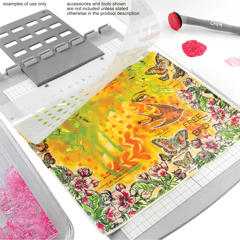 Stencil and Stamp Tool (Registration Press Tool) ... Sizzix Studio Mixed Media. For precision alignment and repetitive layering of art stencils and stamps to use in mixed media, papercrafts, art journaling, visual arts of all kinds. Perfectly align stencils and stamps to create a boxful of greeting cards, stamp words and phrases inside books (easily restamping in the exact same place if miss-inked or multi colour stamping), layer patterns, line up designs. Example of use only.