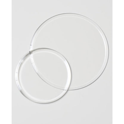 Clear Cutting Pads, Round, 2 Sizes ... by Sizzix. Clear circular plastic cutting plates to use with Sizzix die cutting templates and embossing folders. Sizes approx 5" x 5" (127mm in diameter) and 3 1/2" x 3 1/2" (88mm in diameter), each is 3mm thick (one of each size). This pack of Sizzix Cutting Pads includes a wonderful pair of round discs, circular cutting plates to use in your die cutting adventures. Photo of the 2 discs.