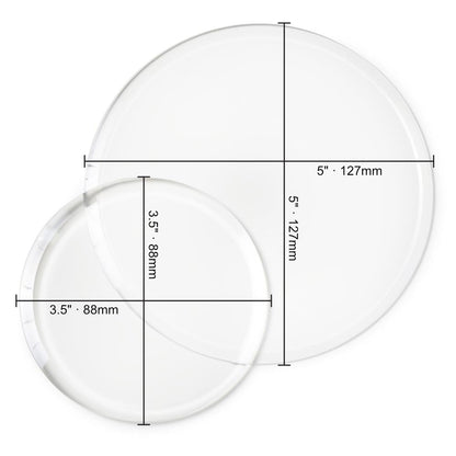 Clear Cutting Pads, Round, 2 Sizes ... by Sizzix. Clear circular plastic cutting plates to use with Sizzix die cutting templates and embossing folders. Sizes approx 5" x 5" (127mm in diameter) and 3 1/2" x 3 1/2" (88mm in diameter), each is 3mm thick (one of each size). This pack of Sizzix Cutting Pads includes a wonderful pair of round discs, circular cutting plates to use in your die cutting adventures. Photo of the clear discs with measurements marked.