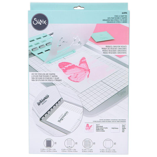 Stencil and Stamp Tool (Registration Press Tool) ... Sizzix Studio Mixed Media. For precision alignment and repetitive layering of art stencils and stamps to use in mixed media, papercrafts, art journaling, visual arts of all kinds. Perfectly align stencils and stamps to create a boxful of greeting cards, stamp words and phrases inside books (easily restamping in the exact same place if miss-inked or multi colour stamping), layer patterns, line up designs. Produce consistent results every time.