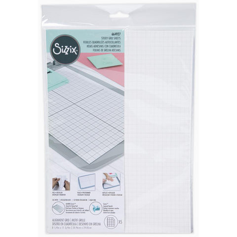 Large Sticky Grid Sheets - by Sizzix. Pack of 5 (five) pieces, sized 8 1/4" x 11 3/4" (20.96cm x 29.85cm). Double sided low tack, temporary adhesive sheets. Reusable, versatile and long lasting.  Sizzix Sticky Grid Sheets are a double sided sheet with low tack temporary adhesive on each side. They are designed to hold die cutting templates like Thinlits and Framelits firmly in place, enabling you to cut out the same shape or word multiple times without the dies shifting while in use.