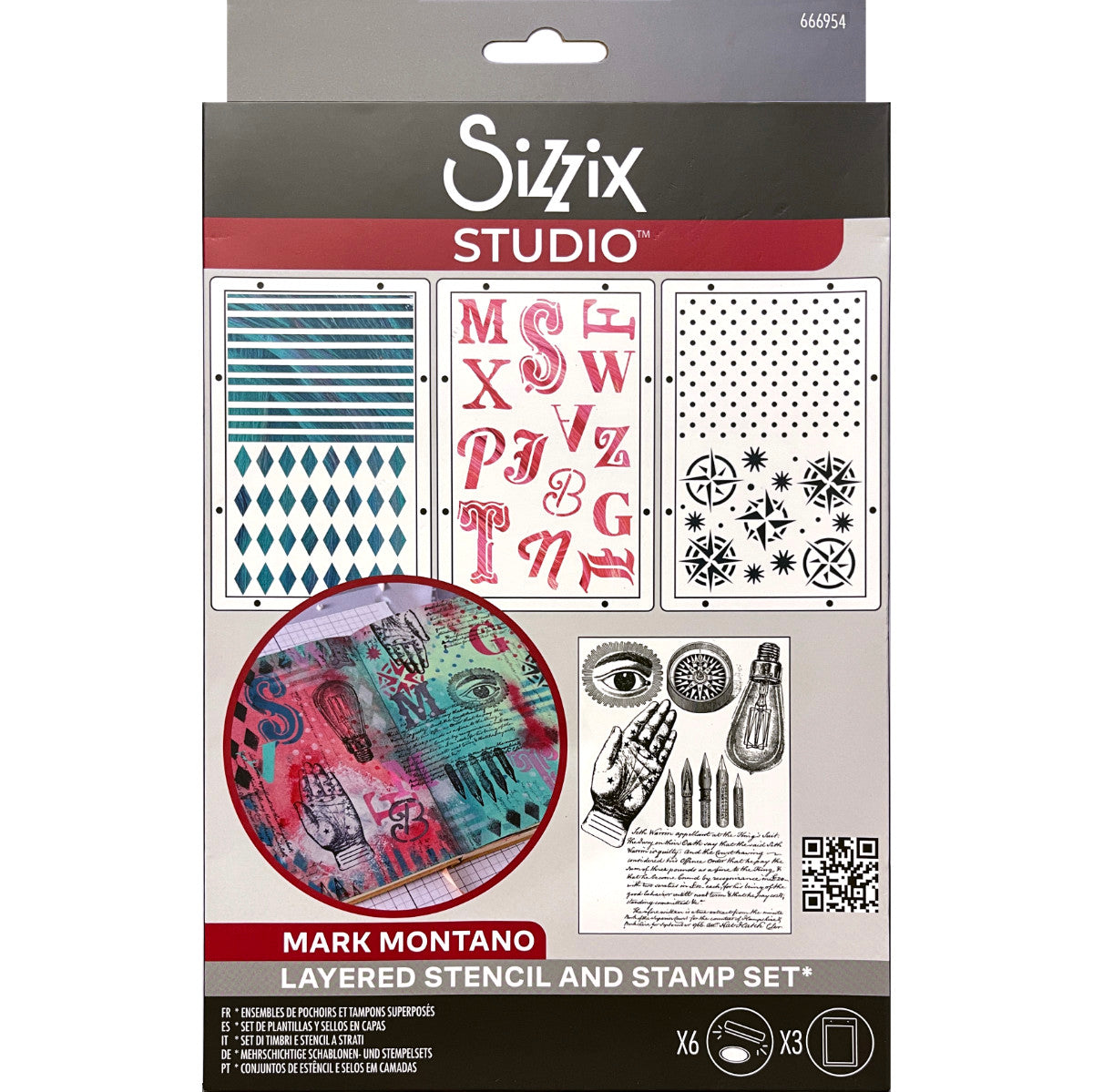 My Favourite Things - Sizzix Studio ... Layered Stencils and Stamps Mixed Media Kit - by Mark Montano and Sizzix (no. 666954). Layering art stencils and clear acrylic stamps to use for mixed media, papercrafts, art journaling, visual arts of all kinds. Pack has 6 (six) stamp designs and 3 (three) stencils, 6 3/4" x 10" in size. Image of the packaging showing the stamps and stencil designs with a sample created with this set.