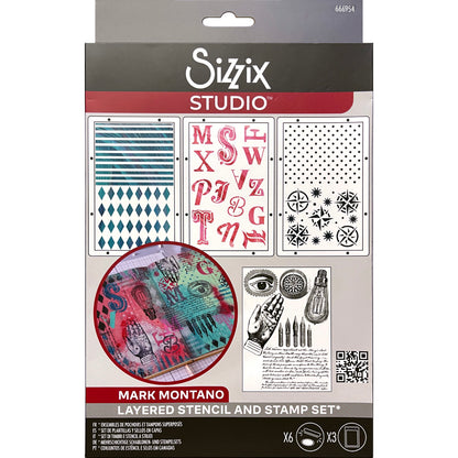 My Favourite Things - Sizzix Studio ... Layered Stencils and Stamps Mixed Media Kit - by Mark Montano and Sizzix (no. 666954). Layering art stencils and clear acrylic stamps to use for mixed media, papercrafts, art journaling, visual arts of all kinds. Pack has 6 (six) stamp designs and 3 (three) stencils, 6 3/4" x 10" in size. Image of the packaging showing the stamps and stencil designs with a sample created with this set.