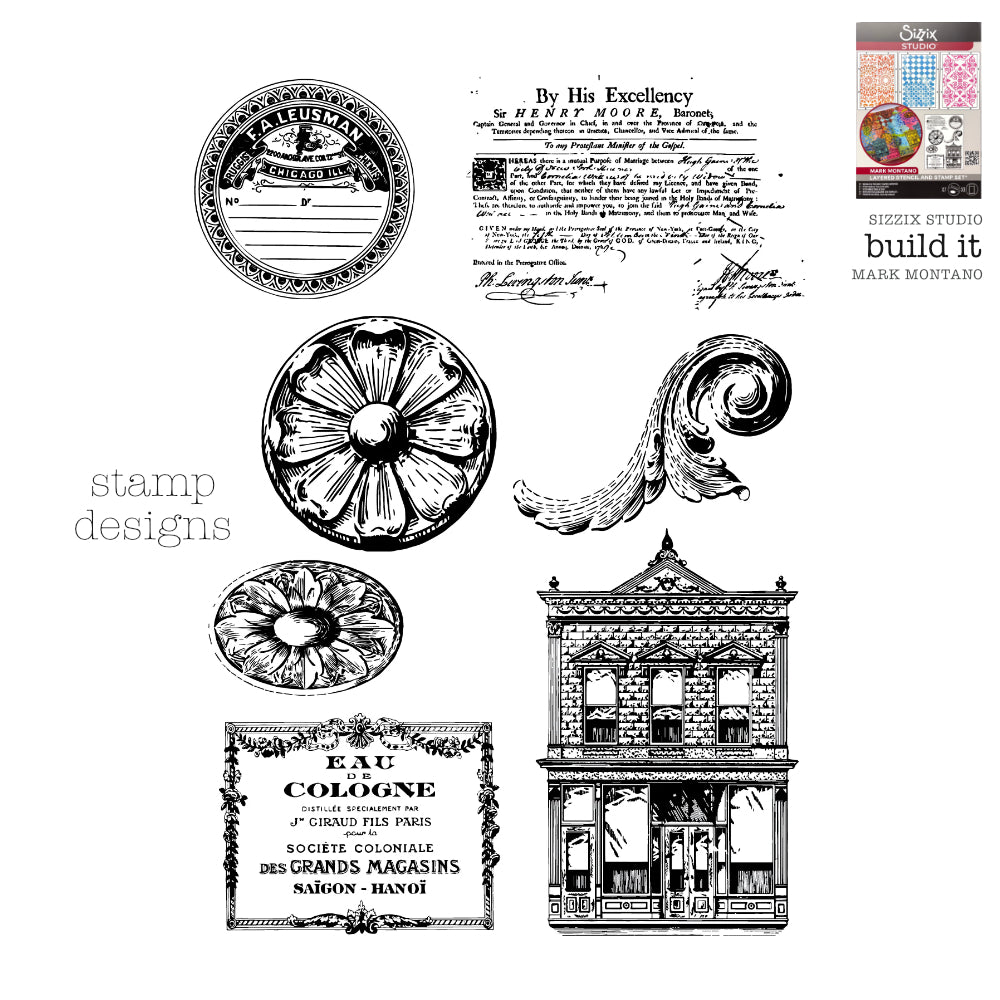 Build It - Sizzix Studio Mixed Media Stamps and Stencils Kit ... by Mark Montano and Sizzix. (no. 666957). Layering art stencils and clear acrylic stamps to use for mixed media, papercrafts, art journaling, visual arts of all kinds. Pack has 7 (seven) stamp designs and 3 (three) stencils, 6 3/4" x 10" in size. Image showing the stamp designs of a building, plaster cast flowers and scroll, labels and letter.