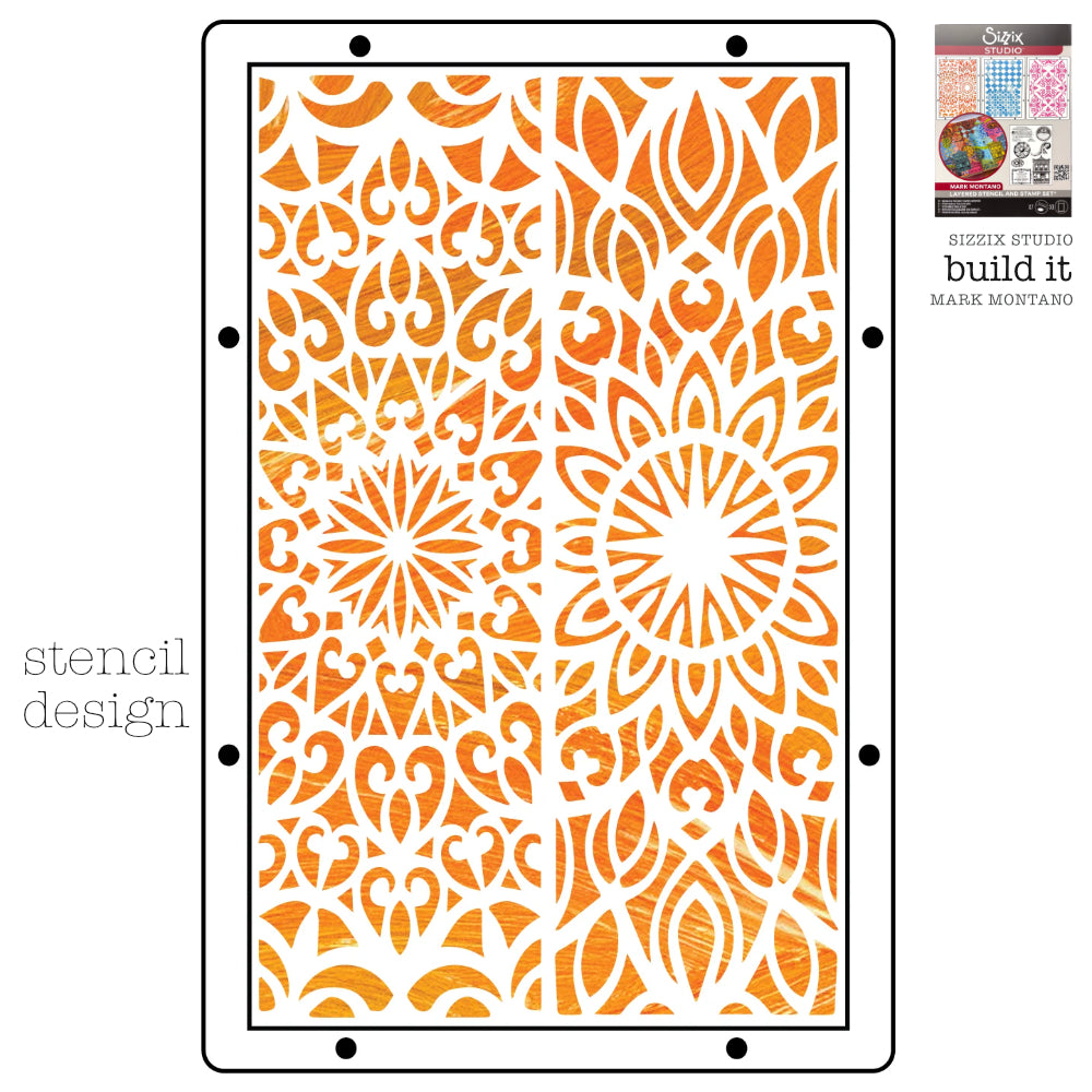 Build It - Sizzix Studio Mixed Media Stamps and Stencils Kit ... by Mark Montano and Sizzix. (no. 666957). Layering art stencils and clear acrylic stamps to use for mixed media, papercrafts, art journaling, visual arts of all kinds. Pack has 7 (seven) stamp designs and 3 (three) stencils, 6 3/4" x 10" in size. Image showing one of the three stencil designs.