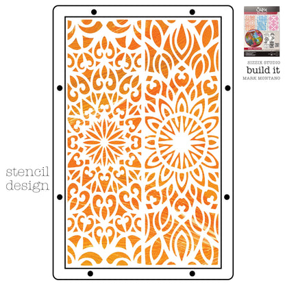 Build It - Sizzix Studio Mixed Media Stamps and Stencils Kit ... by Mark Montano and Sizzix. (no. 666957). Layering art stencils and clear acrylic stamps to use for mixed media, papercrafts, art journaling, visual arts of all kinds. Pack has 7 (seven) stamp designs and 3 (three) stencils, 6 3/4" x 10" in size. Image showing one of the three stencil designs.