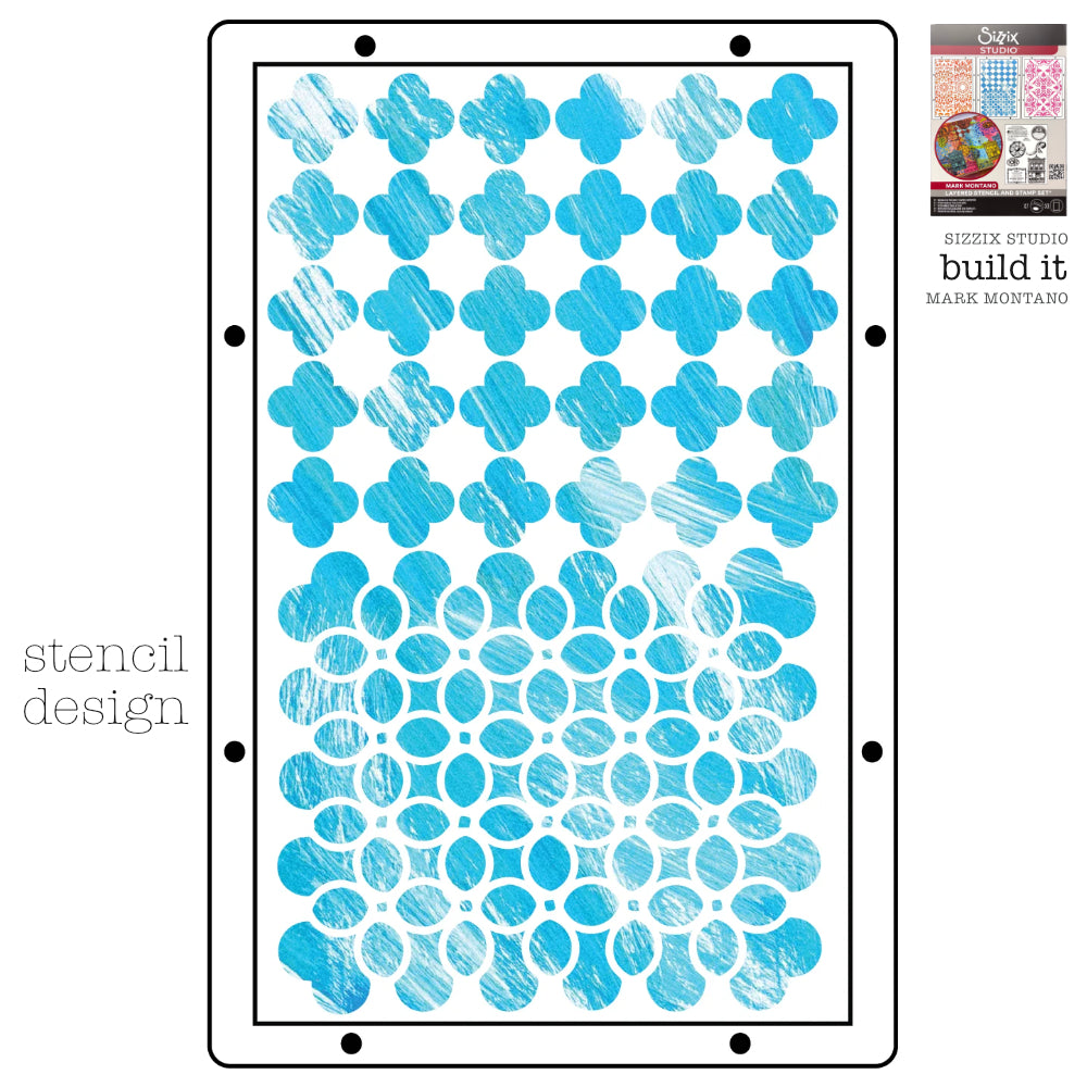 Build It - Sizzix Studio Mixed Media Stamps and Stencils Kit ... by Mark Montano and Sizzix. (no. 666957). Layering art stencils and clear acrylic stamps to use for mixed media, papercrafts, art journaling, visual arts of all kinds. Pack has 7 (seven) stamp designs and 3 (three) stencils, 6 3/4" x 10" in size. Image showing one of the three stencil designs.