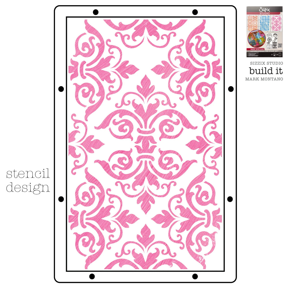 Build It - Sizzix Studio Mixed Media Stamps and Stencils Kit ... by Mark Montano and Sizzix. (no. 666957). Layering art stencils and clear acrylic stamps to use for mixed media, papercrafts, art journaling, visual arts of all kinds. Pack has 7 (seven) stamp designs and 3 (three) stencils, 6 3/4" x 10" in size. Image showing one of the three stencil designs.