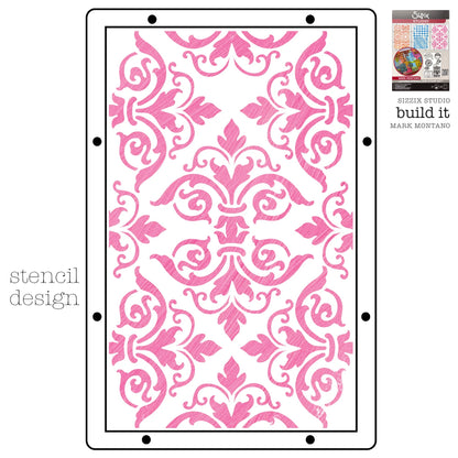 Build It - Sizzix Studio Mixed Media Stamps and Stencils Kit ... by Mark Montano and Sizzix. (no. 666957). Layering art stencils and clear acrylic stamps to use for mixed media, papercrafts, art journaling, visual arts of all kinds. Pack has 7 (seven) stamp designs and 3 (three) stencils, 6 3/4" x 10" in size. Image showing one of the three stencil designs.