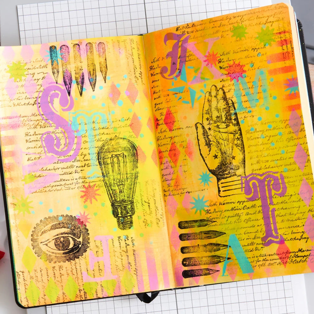 My Favourite Things - Sizzix Studio ... Layered Stencils and Stamps Mixed Media Kit - by Mark Montano and Sizzix (no. 666954). Layering art stencils and clear acrylic stamps to use for mixed media, papercrafts, art journaling, visual arts of all kinds. Pack has 6 (six) stamp designs and 3 (three) stencils, 6 3/4" x 10" in size. Photo of an example by Sizzix on a yellow background in journal planner book.