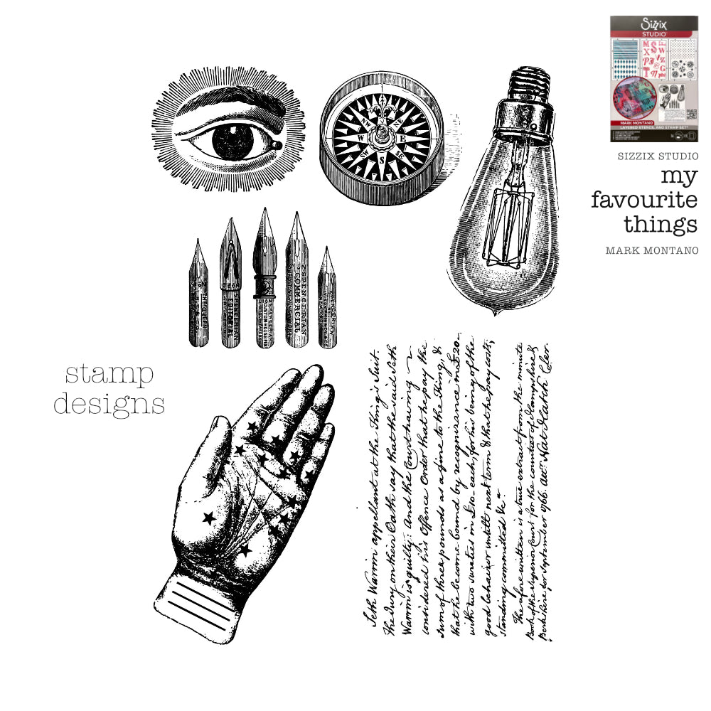 My Favourite Things - Sizzix Studio ... Layered Stencils and Stamps Mixed Media Kit - by Mark Montano and Sizzix (no. 666954). Layering art stencils and clear acrylic stamps to use for mixed media, papercrafts, art journaling, visual arts of all kinds. Pack has 6 (six) stamp designs and 3 (three) stencils, 6 3/4" x 10" in size. Example of the stamp designs.