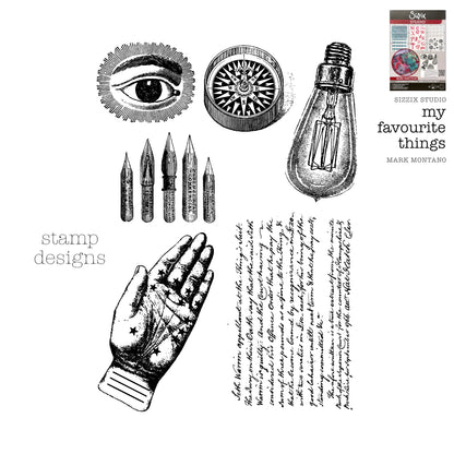 My Favourite Things - Sizzix Studio ... Layered Stencils and Stamps Mixed Media Kit - by Mark Montano and Sizzix (no. 666954). Layering art stencils and clear acrylic stamps to use for mixed media, papercrafts, art journaling, visual arts of all kinds. Pack has 6 (six) stamp designs and 3 (three) stencils, 6 3/4" x 10" in size. Example of the stamp designs.