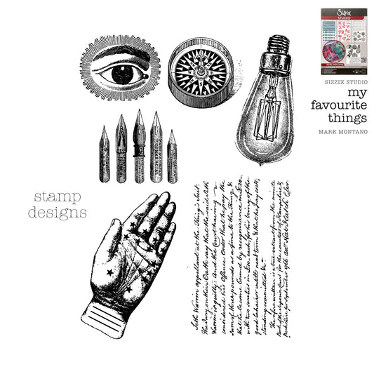 My Favourite Things - Sizzix Studio ... Layered Stencils and Stamps Mixed Media Kit - by Mark Montano and Sizzix (no. 666954). Layering art stencils and clear acrylic stamps to use for mixed media, papercrafts, art journaling, visual arts of all kinds. Pack has 6 (six) stamp designs and 3 (three) stencils, 6 3/4" x 10" in size. Example of the stamp designs.