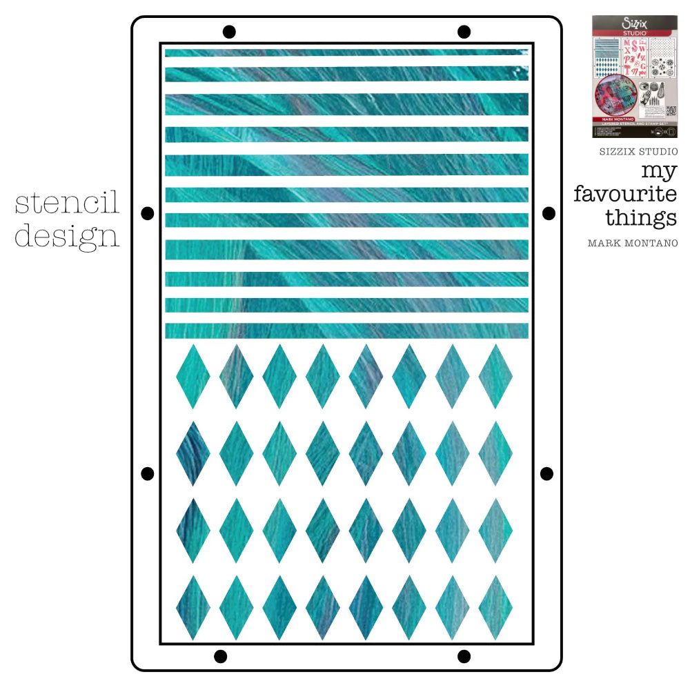 My Favourite Things - Sizzix Studio ... Layered Stencils and Stamps Mixed Media Kit - by Mark Montano and Sizzix (no. 666954). Layering art stencils and clear acrylic stamps to use for mixed media, papercrafts, art journaling, visual arts of all kinds. Pack has 6 (six) stamp designs and 3 (three) stencils, 6 3/4" x 10" in size. Example of one of the three stencil designs.