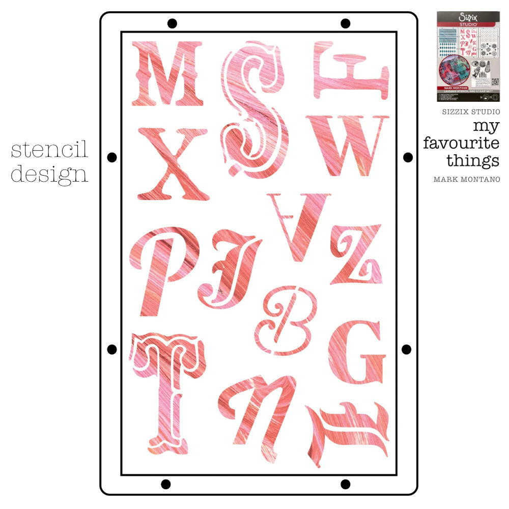 My Favourite Things - Sizzix Studio ... Layered Stencils and Stamps Mixed Media Kit - by Mark Montano and Sizzix (no. 666954). Layering art stencils and clear acrylic stamps to use for mixed media, papercrafts, art journaling, visual arts of all kinds. Pack has 6 (six) stamp designs and 3 (three) stencils, 6 3/4" x 10" in size. Example of one of the three stencil designs.