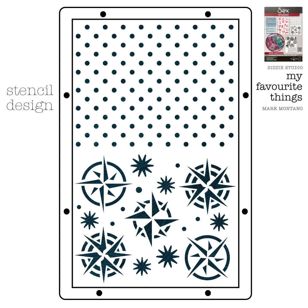 My Favourite Things - Sizzix Studio ... Layered Stencils and Stamps Mixed Media Kit - by Mark Montano and Sizzix (no. 666954). Layering art stencils and clear acrylic stamps to use for mixed media, papercrafts, art journaling, visual arts of all kinds. Pack has 6 (six) stamp designs and 3 (three) stencils, 6 3/4" x 10" in size. Example of one of the three stencil designs.