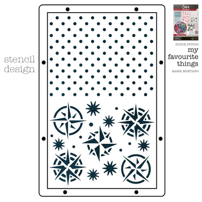 My Favourite Things - Sizzix Studio ... Layered Stencils and Stamps Mixed Media Kit - by Mark Montano and Sizzix (no. 666954). Layering art stencils and clear acrylic stamps to use for mixed media, papercrafts, art journaling, visual arts of all kinds. Pack has 6 (six) stamp designs and 3 (three) stencils, 6 3/4" x 10" in size. Example of one of the three stencil designs.