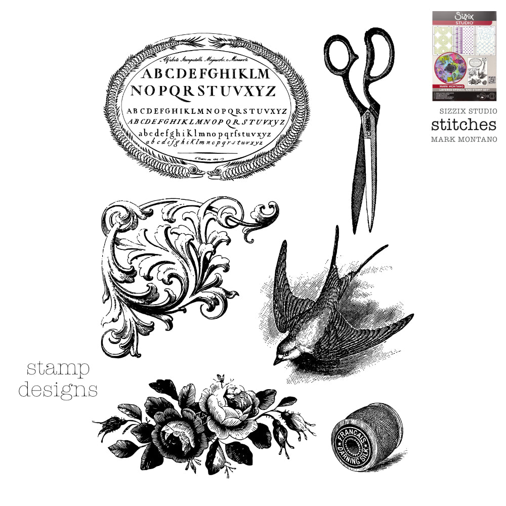 Stitches - Sizzix Studio Mixed Media Stencils and Stamps Kit ... by Mark Montano and Sizzix (no. 666955). Layering art stencils and clear acrylic stamps to use for mixed media, papercrafts, art journaling, visual arts of all kinds. Pack has 6 (six) stamp designs and 3 (three) stencils, 6 3/4" x 10" in size. Image showing the stamp designs.