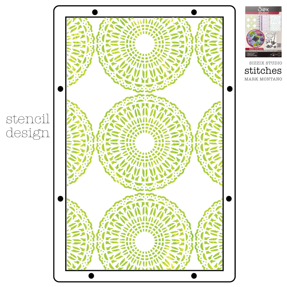 Stitches - Sizzix Studio Mixed Media Stencils and Stamps Kit ... by Mark Montano and Sizzix (no. 666955). Layering art stencils and clear acrylic stamps to use for mixed media, papercrafts, art journaling, visual arts of all kinds. Pack has 6 (six) stamp designs and 3 (three) stencils, 6 3/4" x 10" in size. Image showing one of the three stencil designs.