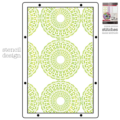 Stitches - Sizzix Studio Mixed Media Stencils and Stamps Kit ... by Mark Montano and Sizzix (no. 666955). Layering art stencils and clear acrylic stamps to use for mixed media, papercrafts, art journaling, visual arts of all kinds. Pack has 6 (six) stamp designs and 3 (three) stencils, 6 3/4" x 10" in size. Image showing one of the three stencil designs.