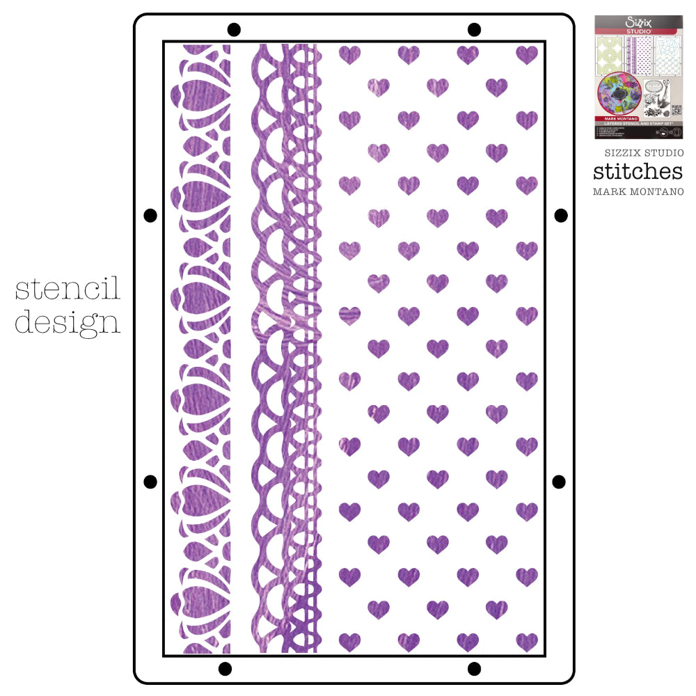 Stitches - Sizzix Studio Mixed Media Stencils and Stamps Kit ... by Mark Montano and Sizzix (no. 666955). Layering art stencils and clear acrylic stamps to use for mixed media, papercrafts, art journaling, visual arts of all kinds. Pack has 6 (six) stamp designs and 3 (three) stencils, 6 3/4" x 10" in size. Image showing one of the three stencil designs.