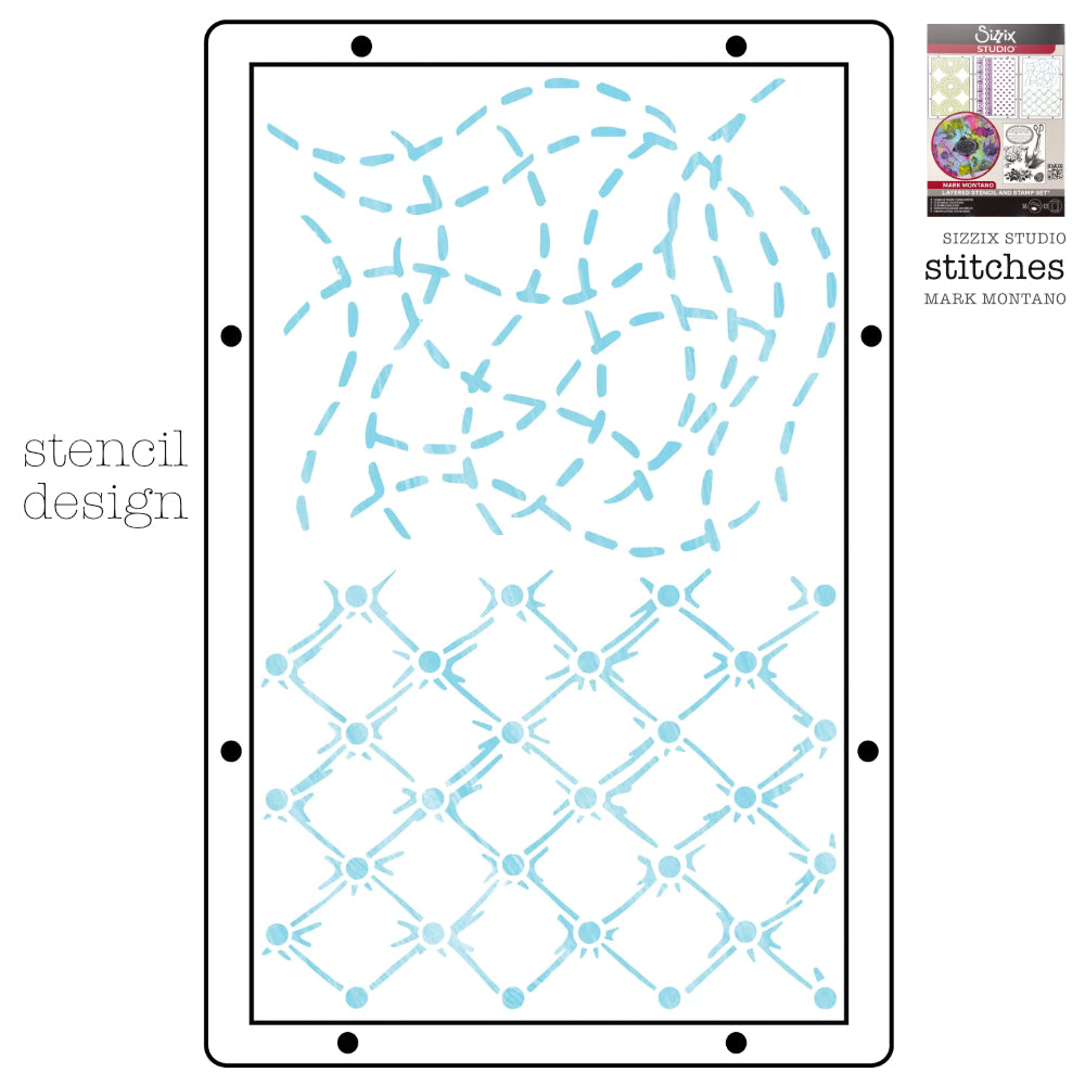 Stitches - Sizzix Studio Mixed Media Stencils and Stamps Kit ... by Mark Montano and Sizzix (no. 666955). Layering art stencils and clear acrylic stamps to use for mixed media, papercrafts, art journaling, visual arts of all kinds. Pack has 6 (six) stamp designs and 3 (three) stencils, 6 3/4" x 10" in size. Image showing one of the three stencil designs.