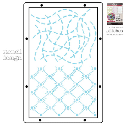 Stitches - Sizzix Studio Mixed Media Stencils and Stamps Kit ... by Mark Montano and Sizzix (no. 666955). Layering art stencils and clear acrylic stamps to use for mixed media, papercrafts, art journaling, visual arts of all kinds. Pack has 6 (six) stamp designs and 3 (three) stencils, 6 3/4" x 10" in size. Image showing one of the three stencil designs.