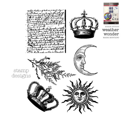 Weather Wonder - Sizzix Studio Mixed Media Stamps and Stencils Kit ... by Mark Montano and Sizzix&nbsp;(no. 666956). Layering art stencils and clear acrylic stamps to use for mixed media, papercrafts, art journaling, visual arts of all kinds. Pack has 6 (six) stamp designs and 3 (three) stencils, 6 3/4" x 10" in size. Image showing the stamp designs including writing, crowns, crescent moon, sprig, and sun.