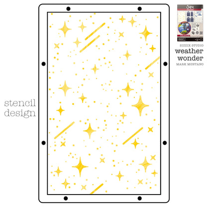 Weather Wonder - Sizzix Studio Mixed Media Stamps and Stencils Kit ... by Mark Montano and Sizzix&nbsp;(no. 666956). Layering art stencils and clear acrylic stamps to use for mixed media, papercrafts, art journaling, visual arts of all kinds. Pack has 6 (six) stamp designs and 3 (three) stencils, 6 3/4" x 10" in size. Image showing one of the three stencil designs.
