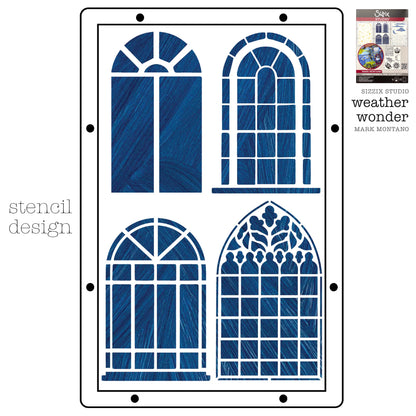 Weather Wonder - Sizzix Studio Mixed Media Stamps and Stencils Kit ... by Mark Montano and Sizzix&nbsp;(no. 666956). Layering art stencils and clear acrylic stamps to use for mixed media, papercrafts, art journaling, visual arts of all kinds. Pack has 6 (six) stamp designs and 3 (three) stencils, 6 3/4" x 10" in size. Image showing one of the three stencil designs.
