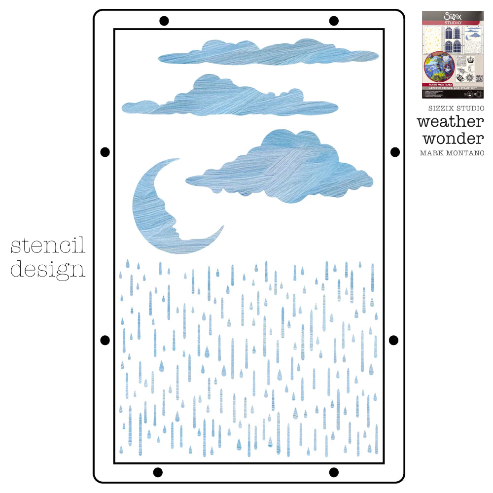 Weather Wonder - Sizzix Studio Mixed Media Stamps and Stencils Kit ... by Mark Montano and Sizzix&nbsp;(no. 666956). Layering art stencils and clear acrylic stamps to use for mixed media, papercrafts, art journaling, visual arts of all kinds. Pack has 6 (six) stamp designs and 3 (three) stencils, 6 3/4" x 10" in size. Image showing one of the three stencil designs.