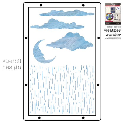 Weather Wonder - Sizzix Studio Mixed Media Stamps and Stencils Kit ... by Mark Montano and Sizzix&nbsp;(no. 666956). Layering art stencils and clear acrylic stamps to use for mixed media, papercrafts, art journaling, visual arts of all kinds. Pack has 6 (six) stamp designs and 3 (three) stencils, 6 3/4" x 10" in size. Image showing one of the three stencil designs.
