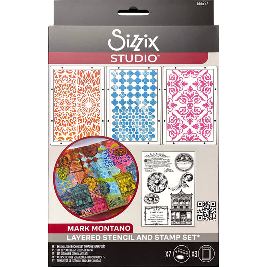 Build It - Stencils and Stamps ... Sizzix Studio Mixed Media Kit ... by Mark Montano and Sizzix. Layering art stencils and clear acrylic stamps to use for mixed media, papercrafts, art journaling, visual arts of all kinds. Pack has 7 (seven) stamp designs and 3 (three) stencils, 6 3/4" x 10" in size.

The stamp designs in this set include a Royal notice, vintage round label, floral round and oval plaster cast, simple scroll, eau de cologne advert, double storey brick building with shopfront.