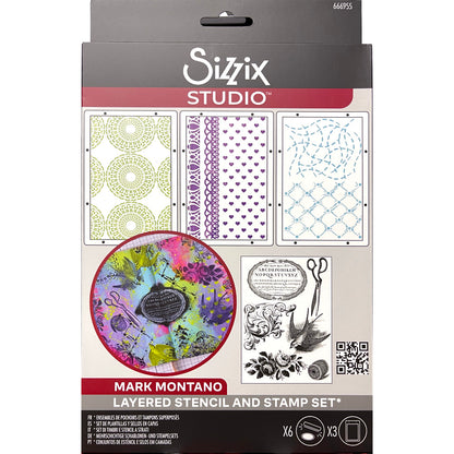Stitches - Stencils and Stamps ... Sizzix Studio Mixed Media Kit ... by Mark Montano and Sizzix. Layering art stencils and clear acrylic stamps to use for mixed media, papercrafts, art journaling, visual arts of all kinds. Pack has 6 (six) stamp designs and 3 (three) stencils, 6 3/4" x 10" in size. Stamp designs include a beautiful flying swallow (bird), vintage scrollwork of foliage and swirls, pair of long pointy scissors, an oval frame with alphabet, roses and cotton reel.