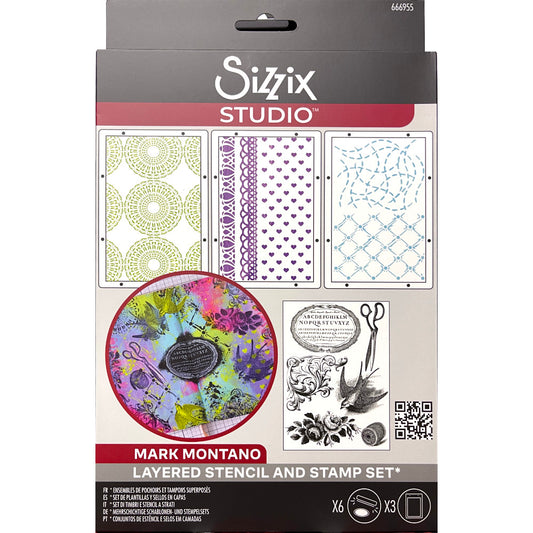 Stitches - Stencils and Stamps ... Sizzix Studio Mixed Media Kit ... by Mark Montano and Sizzix. Layering art stencils and clear acrylic stamps to use for mixed media, papercrafts, art journaling, visual arts of all kinds. Pack has 6 (six) stamp designs and 3 (three) stencils, 6 3/4" x 10" in size. Stamp designs include a beautiful flying swallow (bird), vintage scrollwork of foliage and swirls, pair of long pointy scissors, an oval frame with alphabet, roses and cotton reel.