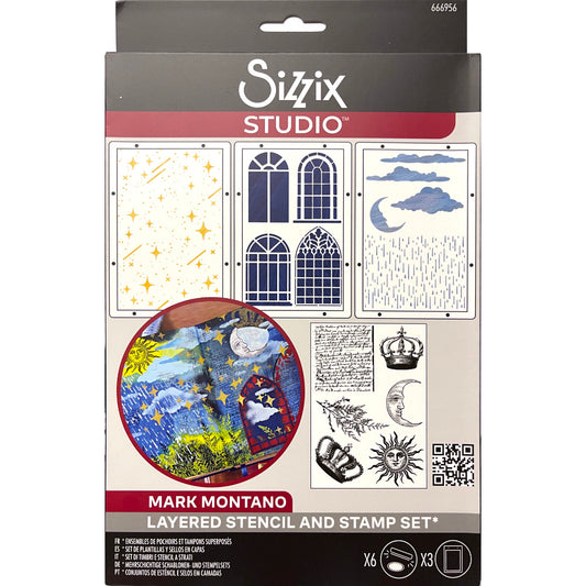 Weather Wonder - Stencils and Stamps ... Sizzix Studio Mixed Media Kit ... by Mark Montano and Sizzix. Layering art stencils and clear acrylic stamps to use for mixed media, papercrafts, art journaling, visual arts of all kinds. Pack has 6 (six) stamp designs and 3 (three) stencils, 6 3/4" x 10" in size. Stamp designs include a vintage handwritten letter in inky writing, 2 regal crowns, frond of pine tree (leafy branch), crescent moon, smiling sun. Stencils are of stars, windows, clouds, rain, moon.