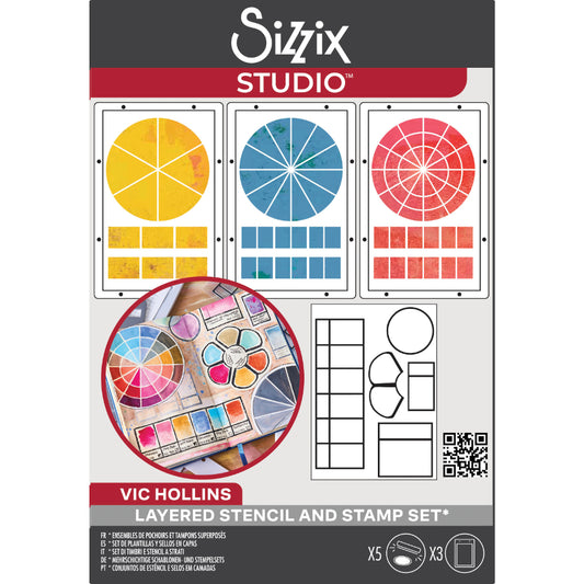 Artist Tools - Stencils and Stamps ... Sizzix Studio Mixed Media Kit ... by Vic Hollins and Sizzix. Layering art stencils and clear acrylic stamps to use for mixed media, papercrafts, art journaling, visual arts of all kinds. The set includes 5 (five) stamp designs and 3 (three) stencil sheets with coordinating patterns. 'Artist Tools' includes versatile basic shapes often seen as paint palettes and colour charts. Use them for featured artwork, backgrounds, making charts, making a page about art.