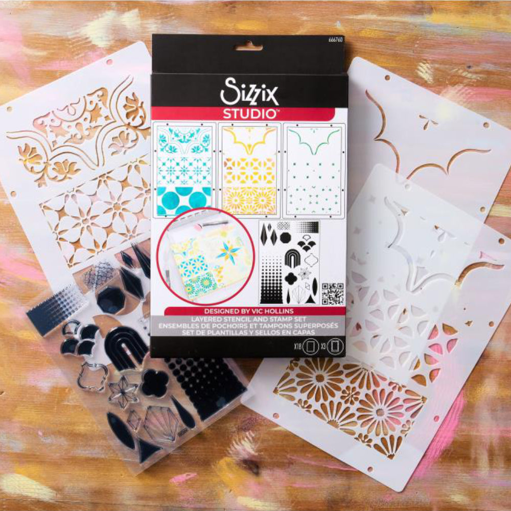 Geometric - Stencils and Stamps ... Sizzix Studio Mixed Media Kit ... by Vic Hollins and Sizzix. Layering art stencils and clear acrylic stamps to use with mixed media, papercrafts, art journaling, visual arts of all kinds. Geometric includes 18 (eighteen) stamp designs and 3 (three) stencil sheets, each with 3 (three) coordinating patterns. Designs feature circles, flowers, scallop corner frame, stars, halftone blocks, diamonds, octagons, scales and more. Photo of the package and contents.