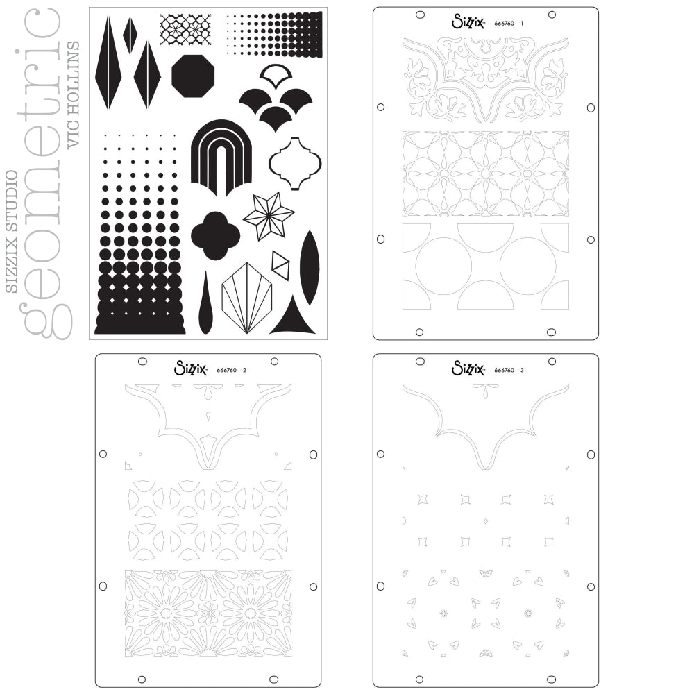 Geometric - Stencils and Stamps ... Sizzix Studio Mixed Media Kit ... by Vic Hollins and Sizzix. Layering art stencils and clear acrylic stamps to use with mixed media, papercrafts, art journaling, visual arts of all kinds. Geometric includes 18 (eighteen) stamp designs and 3 (three) stencil sheets, each with 3 (three) coordinating patterns. Designs feature circles, flowers, scallop corner frame, stars, halftone blocks, diamonds, octagons, scales and more. Overview of the designs.