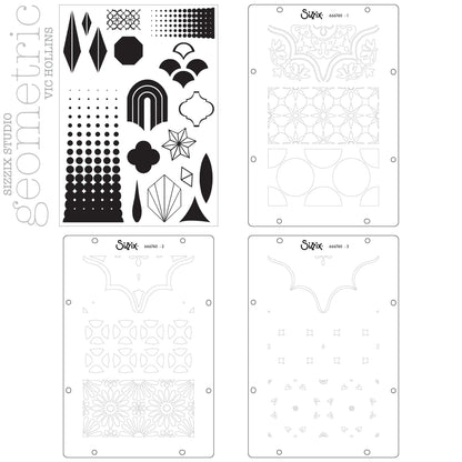 Geometric - Stencils and Stamps ... Sizzix Studio Mixed Media Kit ... by Vic Hollins and Sizzix. Layering art stencils and clear acrylic stamps to use with mixed media, papercrafts, art journaling, visual arts of all kinds. Geometric includes 18 (eighteen) stamp designs and 3 (three) stencil sheets, each with 3 (three) coordinating patterns. Designs feature circles, flowers, scallop corner frame, stars, halftone blocks, diamonds, octagons, scales and more. Overview of the designs.