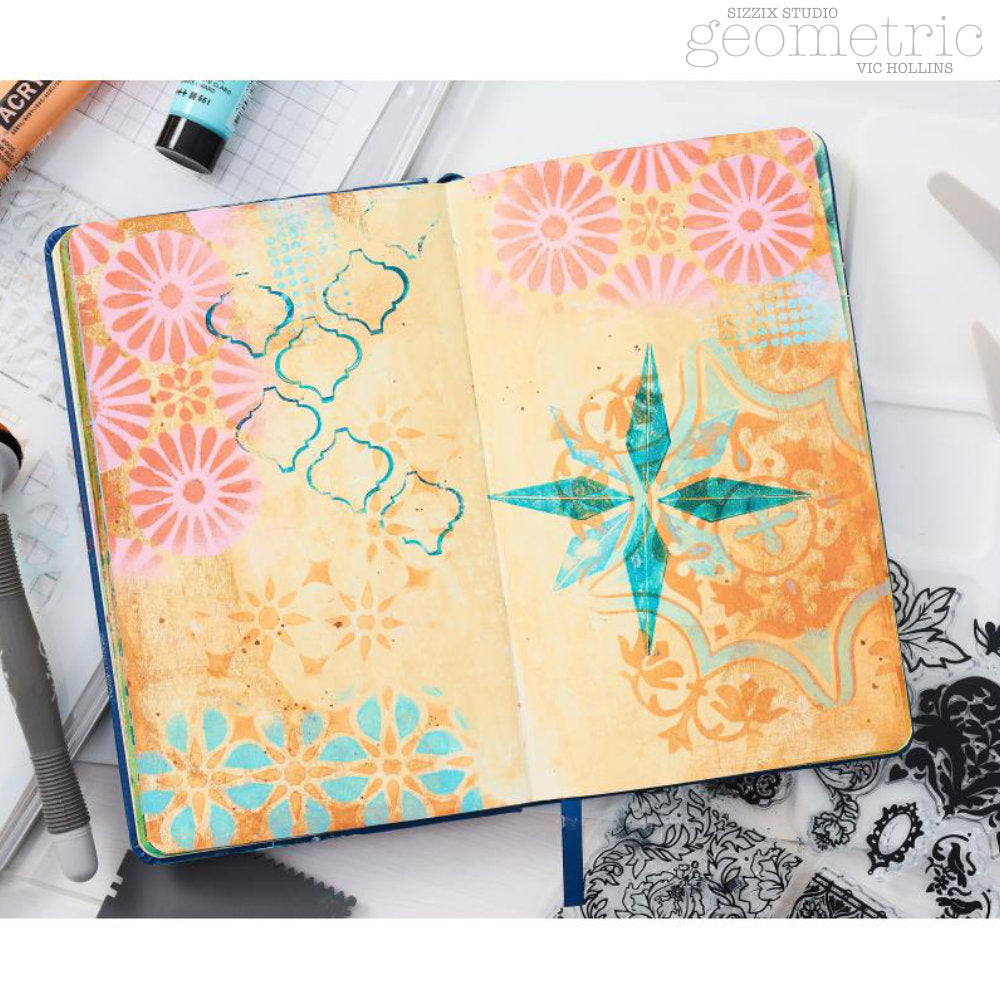 Geometric - Stencils and Stamps ... Sizzix Studio Mixed Media Kit ... by Vic Hollins and Sizzix. Layering art stencils and clear acrylic stamps to use with mixed media, papercrafts, art journaling, visual arts of all kinds. Geometric includes 18 (eighteen) stamp designs and 3 (three) stencil sheets, each with 3 (three) coordinating patterns. Designs feature circles, flowers, scallop corner frame, stars, halftone blocks, diamonds, octagons, scales and more. Photo of a pretty example.