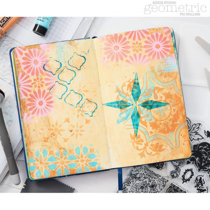 Geometric - Stencils and Stamps ... Sizzix Studio Mixed Media Kit ... by Vic Hollins and Sizzix. Layering art stencils and clear acrylic stamps to use with mixed media, papercrafts, art journaling, visual arts of all kinds. Geometric includes 18 (eighteen) stamp designs and 3 (three) stencil sheets, each with 3 (three) coordinating patterns. Designs feature circles, flowers, scallop corner frame, stars, halftone blocks, diamonds, octagons, scales and more. Photo of a pretty example.